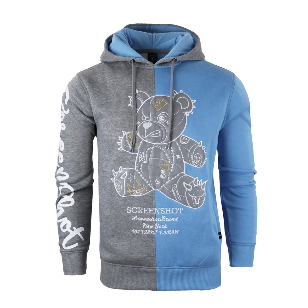 Screenshot Brand NY Color Block Bear Fleece Hoodie Mens Medium Grey Blue SIZE SM